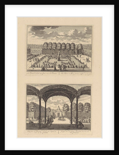 View of the parterre with grass and flowering plants on the south side of Slot Zeist, left the fountains by Daniël Stopendaal