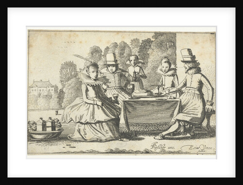 People enjoying a meal at a table in a garden by Claes Jansz. Visscher II