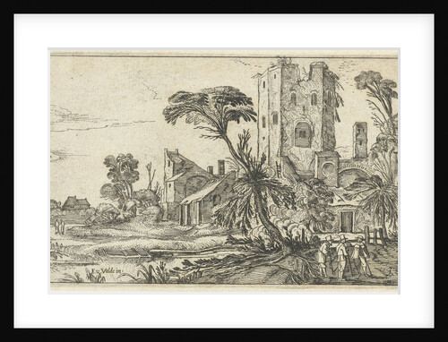 Three men on a path along a crumbling tower by Visscher II