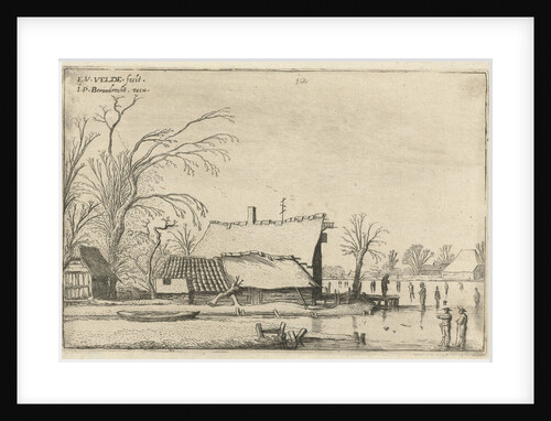 Farm in a frozen river with skaters by Esaias van de Velde