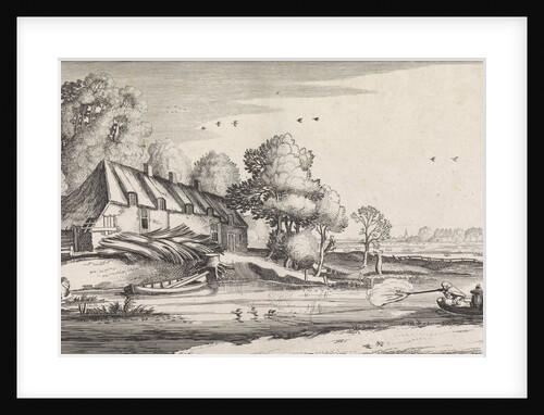 Duck hunting on a river at a farm by Jan van de Velde II