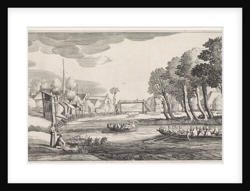 Two rowing boats on a river in a village by Jan van de Velde II