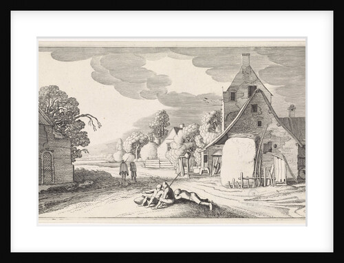 Resting farmers along a road in a village by Jan van de Velde II