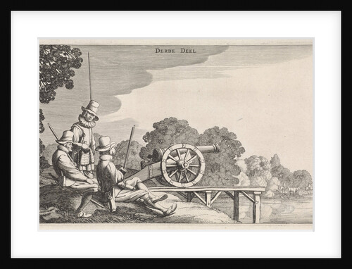 Soldiers with a gun on a dock on a river by Jan van de Velde II