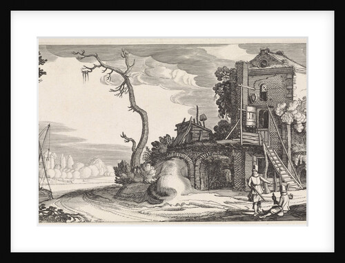 Two falconers in a tower used as an inn by Jan van de Velde II