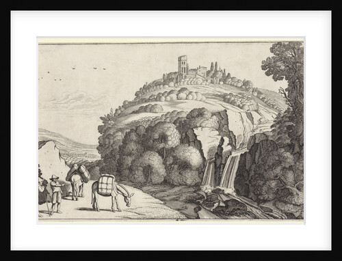 Travelers at a waterfall in a mountain landscape by Jan van de Velde II