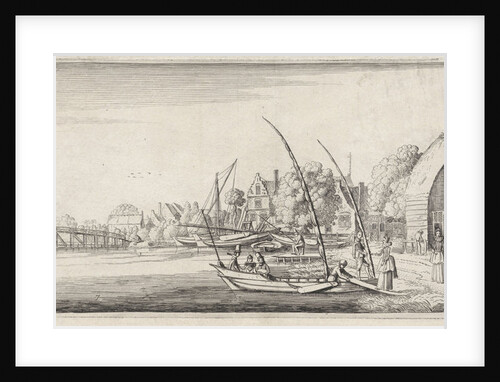 Boats at a village on a river by Jan van de Velde II