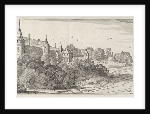 Four elegantly dressed men on a path to a castle by Jan van de Velde II