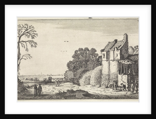 Figures at a house and covered wagons on a country road by Jan van de Velde II
