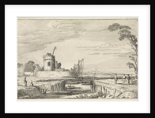 Figures at a harbor and a tower by Jan van de Velde II