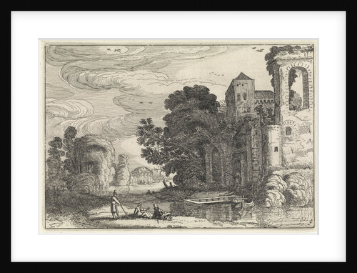 Three figures on a bank of a river near a castle by Jan van de Velde II