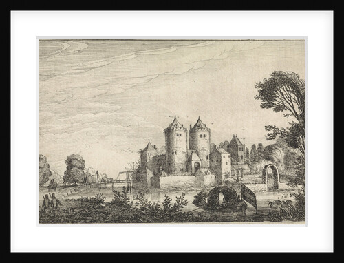 Figures in a canoe in a castle by Jan van de Velde II