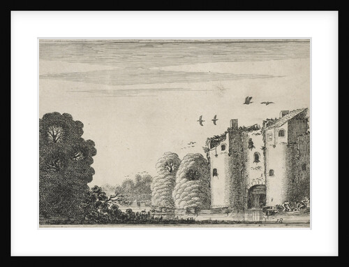 Figures in a boat with a ruined castle on the water by Jan van de Velde II