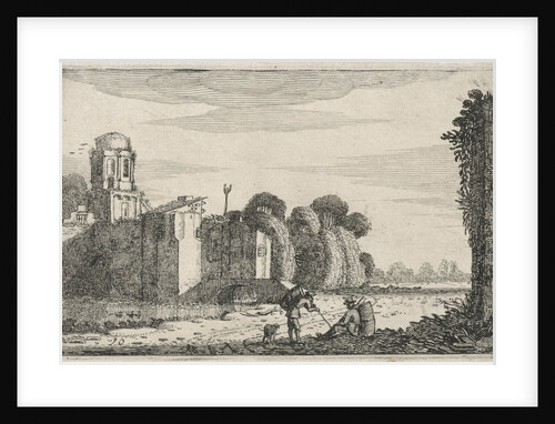 Two figures at a ruin at a bridge by Jan van de Velde II