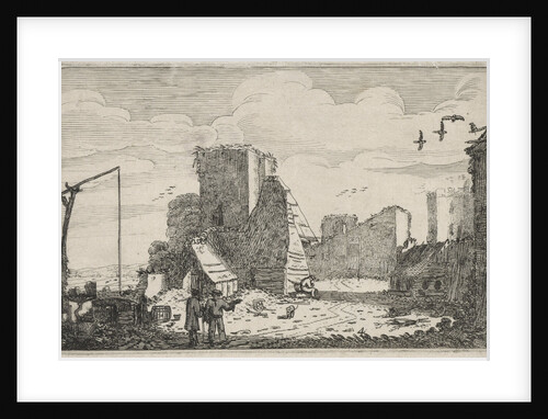 Figures near a well and a ruined farmhouse by Jan van de Velde II