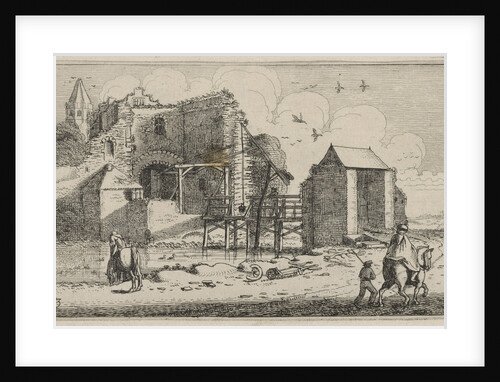 Horsemans at a ruined castle with bridge by Jan van de Velde II