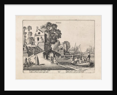 Village with activity on the water, april by Jan van de Velde II