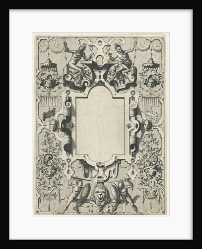 Cartouche in a frame of scroll work with grotesques by Hieronymus Cock