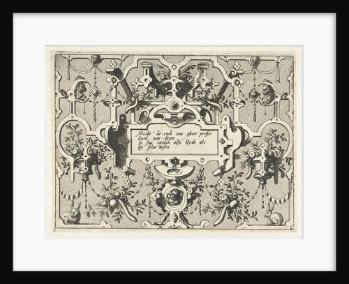 Cartouche with grotesques, bottom center is a child by Hieronymus Cock