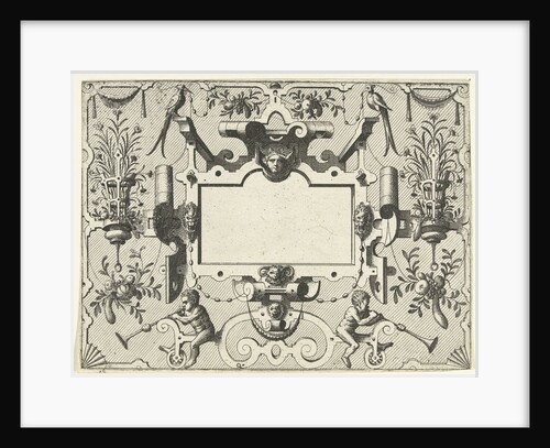 Cartouche surrounded by grotesques, with left and right a basket with flowers by Hieronymus Cock