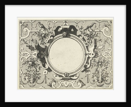Round cartouche surrounded by scroll work with garlands and fruit bunches by Hieronymus Cock