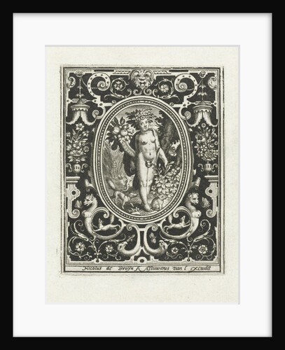 Element earth as a young woman with cornucopia and rosebush in picture frame with ornaments by Assuerus van Londerseel