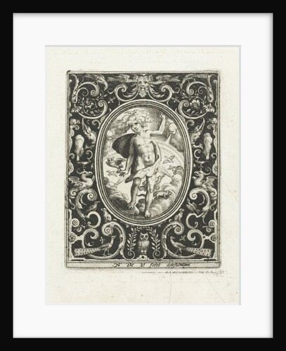 The element of air as a young man standing on clouds with owl on his hand and flying birds behind him by Nicolaes de Bruyn