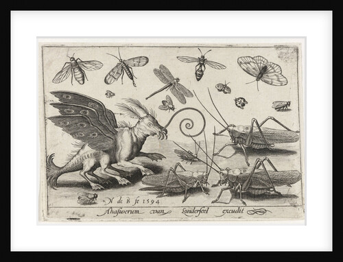 Locusts and fantasy creature with wings and webbed by Nicolaes de Bruyn