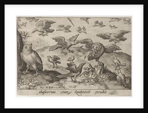 Owl with prey attacked by other bird by Nicolaes de Bruyn