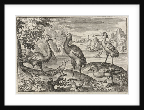 Crowned Crane between two ostriches by Nicolaes de Bruyn
