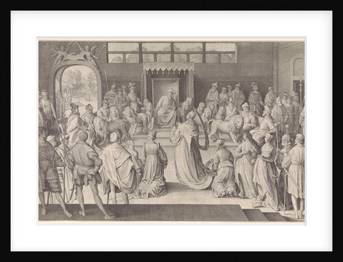 The Queen of Sheba kneels before King Solomon in the throne room, on either side of the throne of Solomon six lions by Nicolaes de Bruyn