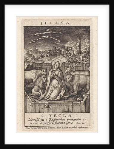 St. Thecla of Iconium surrounded by a lion, a bear, a bull and a deer by Hieronymus Wierix