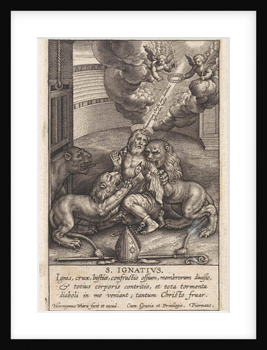 In an amphitheater, St. Ignatius, third bishop of Antioch, torn by lions by Hieronymus Wierix