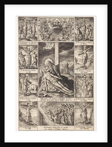 Pieta surrounded by scenes of crucified martyrs by Hieronymus Wierix