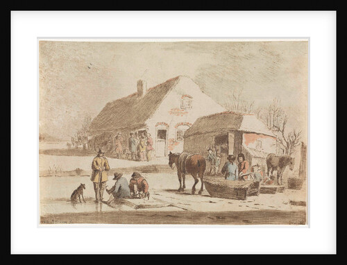 Skaters and a sledge at a farm by Hendrik Spilman
