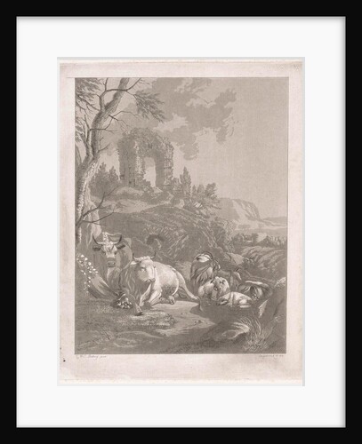Cows, goats and sheep in a mountainous landscape with ruins by Diederik Jan Singendonck