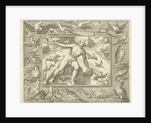 Element air as a young man on clouds between flying birds by Maerten de Vos