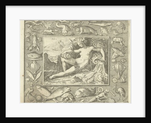 Element water as naked woman sitting near a well with fish, water flowing from her breasts by Nicolaes de Bruyn