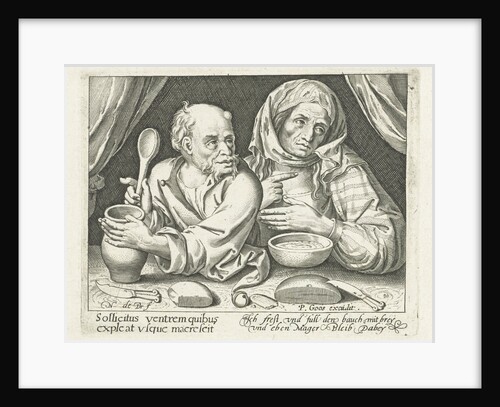 Man and woman eating porridge by Pieter Goos