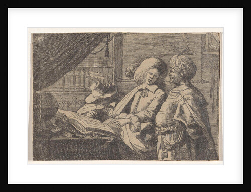 Three men around a book in an office by Anonymous