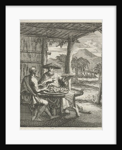 Hermit and his visitor sit in an open cabin at a table by Aart Wolsgrein