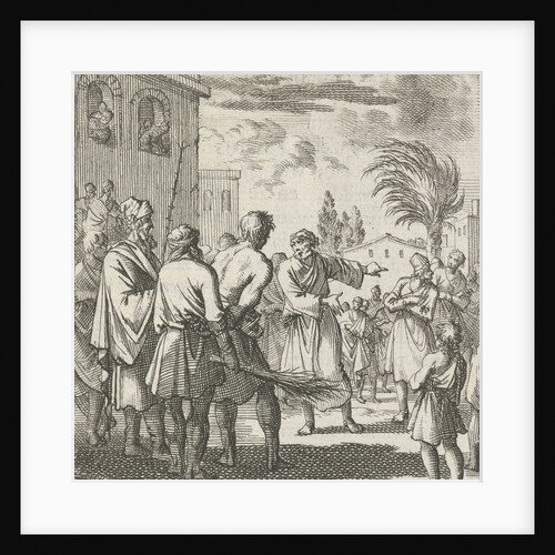 An executioner is ready to flog a prisoner, a hermit designate the court the person that has robbed him by Jan Luyken