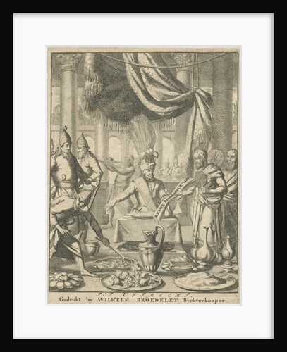 Two priests offer a king a book during a meal by Willem Broedelet