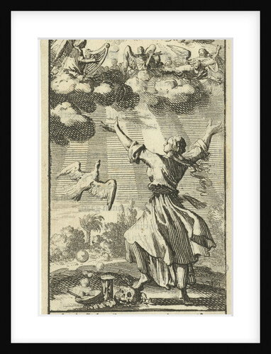 Woman listening with outstretched arms to the choir of angels in the clouds above her by Gijsbert de Groot