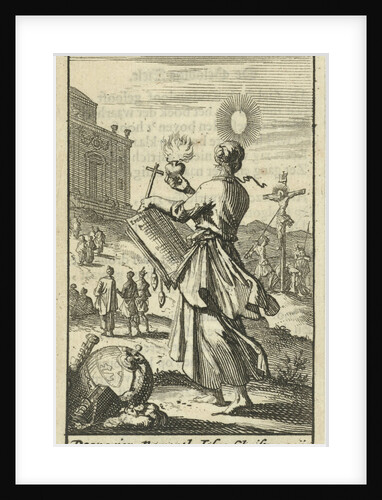 Female holding a burning heart, beholds the crucified Christ by Gijsbert de Groot