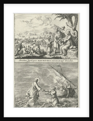 Miraculous multiplication of loaves and fishes by Christ and Christ on the water by Jan Claesz ten Hoorn