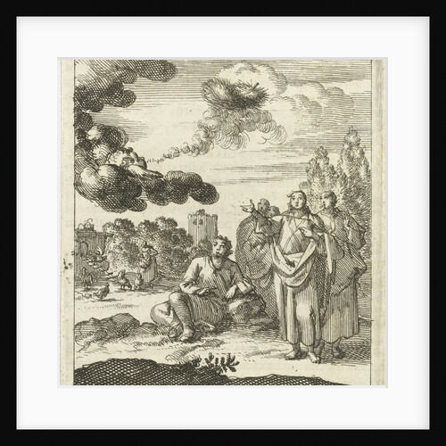 Five figures watch as a cherub from a cloud blows upwards by Pieter Arentsz II