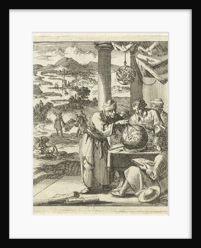 An elderly man makes for four young figures dimensions on a terrestrial globe by Pieter Arentsz II