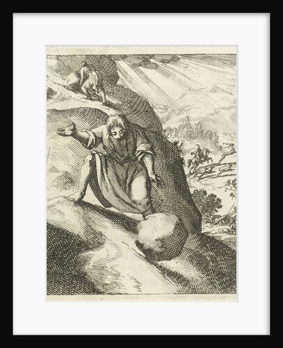 A man looks at a big stone rolling down a mountain after it slipped out of his hands by Pieter Arentsz II
