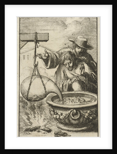 Two men attentively watching the bubbles caused by gases with water in a cooling vessel by Jacob Claus